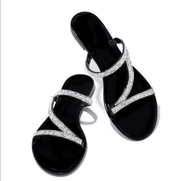Black Jelly Rhinestone Flat Sandals - Picture 3 of 7